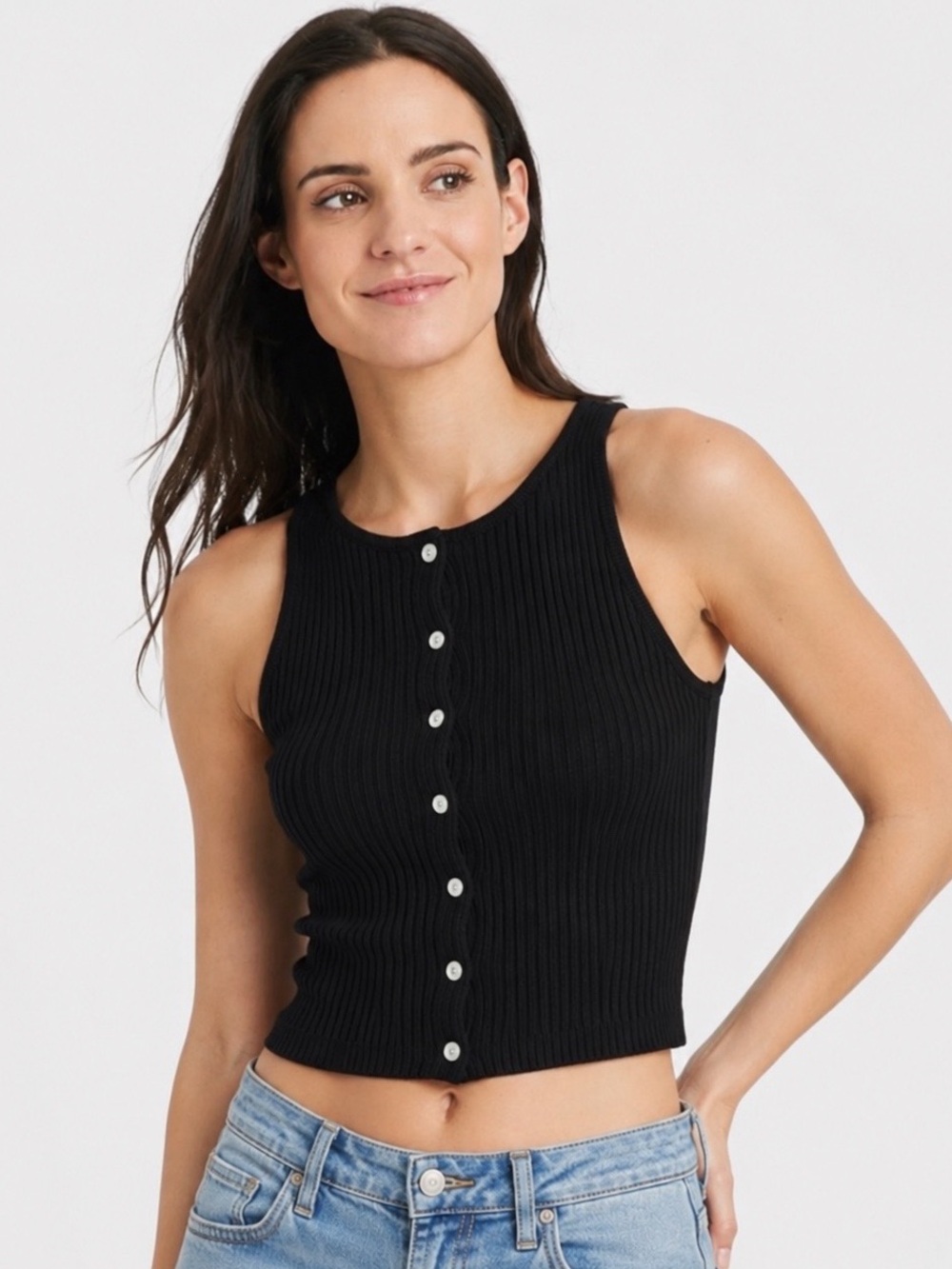 By Together Black Ribbed Button-Front Cropped Tank Small NWOT